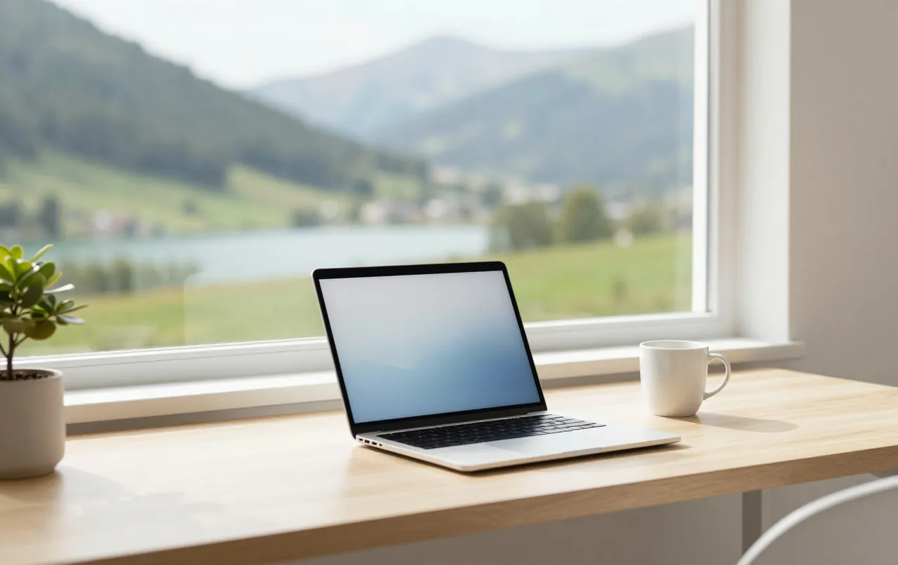 A bright home office by a large window overlooking green hills and a lake, a laptop on a pale wood desk