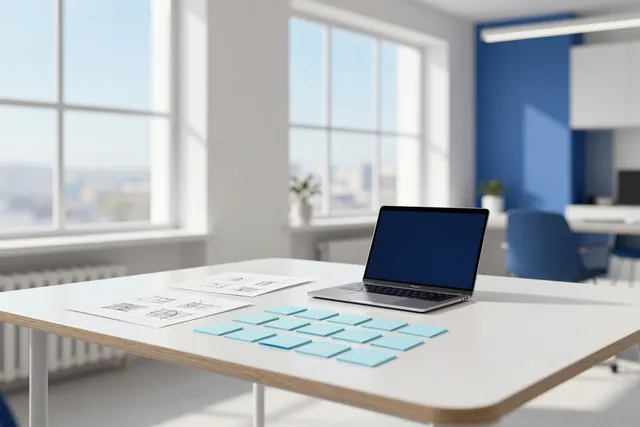 A bright studio table with a laptop, printed wireframes and pale blue sticky notes in a grid