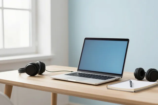 A bright home studio desk with a laptop ready for a video call, headphones and a notebook