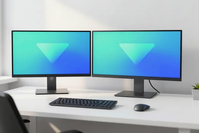 A standing desk with two monitors showing soft funnel graphics in turquoise and cobalt
