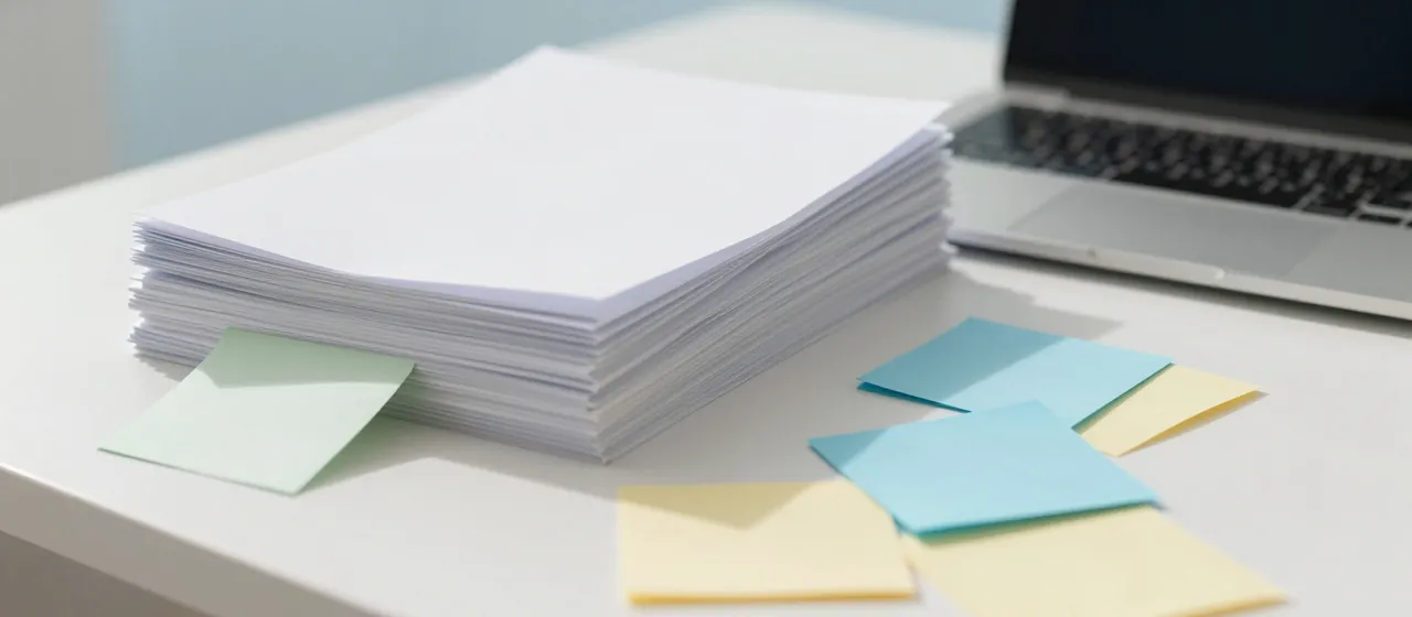 A stack of plain paper forms and scattered sticky notes on a white desk beside a laptop
